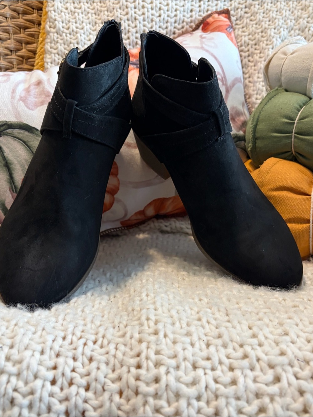 Black Suede Ankle Booties with Wrap Strap